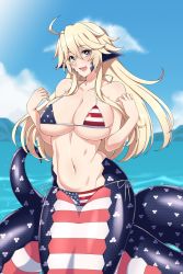 Rule 34 | 1girl, absurdres, ahoge, alternate body size, american flag, american flag bikini, american flag print, beach, bikini, blonde hair, blue eyes, blue sky, blush, breasts, cleavage, collarbone, commission, day, fang, flag print, flag print bikini, hair between eyes, highres, iowa (kancolle), jewelry, kantai collection, lamia, large breasts, lindaroze, long hair, looking at viewer, monster girl, monster musume no iru nichijou, monsterification, navel, open mouth, outdoors, print bikini, ring, scales, sky, smile, solo, standing, star-shaped pupils, star (symbol), striped, swimsuit, symbol-shaped pupils, third-party source, wedding band