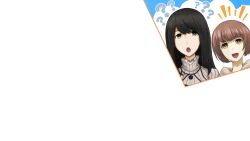 :o black_hair brown_eyes brown_hair game_cg head_tilt high_collar highres hood hoodie huke jacket kurushima_kaede long_sleeves nakase_katsumi non-web_source off-shoulder_shirt off_shoulder official_art ringed_eyes shirt short_hair steins;gate steins;gate_0 sweater teeth tomboy tongue turtleneck upper_teeth_only white_sweater