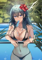 1girl absurdres alternate_costume arerex bikini black_bikini blue_eyes blue_hair breasts cleavage collarbone eating female_byleth_(fire_emblem) female_byleth_(summer)_(fire_emblem) female_focus fire_emblem fire_emblem:_three_houses fire_emblem_heroes flower food hair_between_eyes hair_flower hair_ornament highres large_breasts looking_at_viewer matching_hair/eyes medium_hair navel nintendo popsicle solo stomach swimsuit