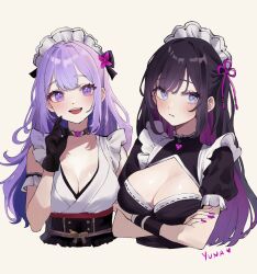 2girls aqua_eyes arm_garter artist_name black_choker black_dress black_gloves black_hair breasts choker cleavage cleavage_cutout closed_mouth clothing_cutout colored_inner_hair crossed_arms dress flower flower_knot gloves hair_flower hair_ornament heart highres japanese_clothes kimono long_hair maid maid_headdress multicolored_hair multiple_girls open_mouth original purple_eyes purple_flower purple_hair purple_nails teeth upper_body upper_teeth_only white_kimono y_uunaa
