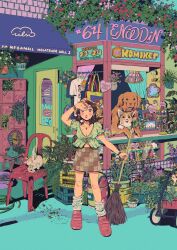 1girl animal architecture awning bandaid bandaid_on_knee bandaid_on_leg blush box breasts brick_wall broom carton cat chair cleavage clothes_hanger complex_exterior day dog electric_fan eniddin flower foliage full_body garden green_shirt highres holding holding_broom jewelry leg_warmers locker market_stall medium_hair nail_polish original outdoors plant postcard poster_(medium) potted_plant puffy_sleeves rose shirt shoes skirt smile solo trash_can wagon welsh_corgi wide_shot