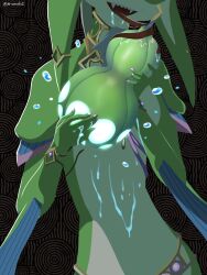 1girl absurdres atramada breasts character_request completely_nude covering_breasts covering_privates fangs female_focus food fruit highres long_tongue nail_polish nintendo nude sharp_teeth small_breasts solo teeth the_legend_of_zelda the_legend_of_zelda:_tears_of_the_kingdom tongue yona_(zelda) zora