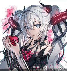 Rule 34 | 1girl, apple, black choker, black dress, c0ffeenn, choker, demon horns, detached sleeves, dress, floating headgear, food, fruit, grey eyes, grey hair, hair between eyes, hair intakes, headgear, highres, holding, holding food, holding fruit, horns, looking at viewer, luna: oblivion (tainted moonrise) (pgr), luna (pgr), open mouth, punishing: gray raven, sidelocks, solo, symbol-shaped pupils, twintails, white hair