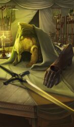 armor axe barrel candle candlestand commentary durindana_(fate) fate/grand_order fate_(series) fire gauntlets green_theme helmet lasengle no_humans official_art still_life sword table third-party_source unworn_headwear unworn_helmet weapon weapon_focus