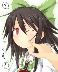 1girl ? black_hair bow cheek_poking efe female_focus hair_bow one_eye_closed poking portrait red_eyes reiuji_utsuho solo touhou unyu wink