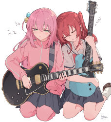 2girls artist_name black_skirt blue_eyes blush bocchi_the_rock! brown_shoes closed_eyes cube_hair_ornament dated electric_guitar gibson_les_paul gotoh_hitori green_eyes grey_skirt guitar hair_ornament highres holding holding_guitar holding_instrument instrument jacket kessoku_band kita_ikuyo kneeling kodamazon leaning_on_person long_hair long_sleeves multiple_girls one_side_up panties pants pants_under_skirt pink_hair pink_jacket pink_panties pink_pants pink_track_suit pleated_skirt red_hair sailor_collar school_uniform seiza serafuku shirt shoes short_sleeves side_ponytail simple_background sitting skirt sleeping sleeping_on_person socks track_jacket track_pants track_suit underwear white_background white_sailor_collar white_shirt white_socks zzz