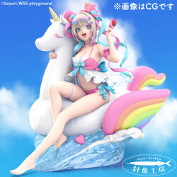 1girl 3d arm_ribbon barefoot bikini blue_bow blue_eyes blue_hair blush bow bow_bikini breasts chouzetsusaikawa_tenshi-chan commentary_request eyewear_on_head feet figure food frilled_bikini frills full_body grey_hair hair_bow halterneck heart heart-shaped_eyewear highres holding holding_food holding_ice_cream ice_cream inflatable_unicorn innertube legs long_hair looking_at_viewer medium_breasts multicolored_hair nail_polish navel needy_girl_overdose ohisashiburi open_mouth pink_bikini pink_hair pink_nails pink_ribbon purple_bow quad_tails rainbow_wings ribbon sayori_(neko_works) sitting skindentation smile solo sunglasses swim_ring swimsuit teeth thigh_strap toenail_polish toenails toes upper_teeth_only very_long_hair water