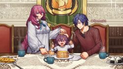 1boy 2girls ahoge blue_eyes blue_hair braid brooch commentary cup double-parted_bangs dress eiyuu_densetsu emma_millstein english_commentary food hair_between_eyes hair_over_one_eye honey indoors jewelry long_hair maternity_dress multiple_girls onigiri original pancake parted_bangs petting pink_hair pregnant purple_eyes purple_hair rean_schwarzer sen_no_kiseki_(series) shg_(hiomaika) single_braid steaming_food table twitter_username white_dress