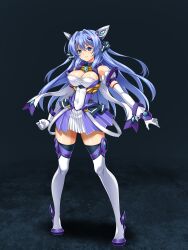 1girl absurdres armlet bare_shoulders blue_eyes blue_gemstone blue_hair blue_shoes blue_skirt breasts cleavage closed_mouth covered_navel elbow_gloves exs-tia full_body gem gloves hair_intakes headgear highres jewelry katsuragi_marina kouyoku_senki_exs-tia large_breasts layered_skirt legs_apart long_hair lusterise magical_girl open_mouth pleated_skirt shoes sirano skirt smile solo standing straight_hair tachi-e thighhighs white_gloves white_thighhighs zettai_ryouiki