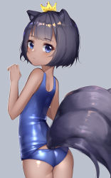 1girl animal_ears ass bare_arms bare_shoulders black_hair blue_eyes blue_one-piece_swimsuit blush closed_mouth cowboy_shot crown dark-skinned_female dark_skin female_focus grey_background mini_crown old_school_swimsuit one-piece_swimsuit original school_swimsuit short_hair simple_background solo swimsuit tail the_cold