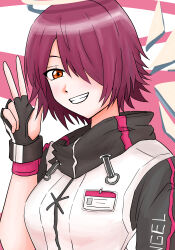 1girl :d absurdres arknights arm_up black_gloves clothes_writing commentary_request crrrr_kk exusiai_(arknights) fingerless_gloves gloves grey_halo grin hair_over_one_eye halo highres looking_at_viewer one_eye_covered open_mouth orange_eyes partial_commentary pink_hair short_hair smile solo traditional_halo upper_body w