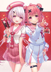 2girls :d absurdres ahoge black_bow black_choker blush bow box braid breasts brown_background choker clc1997 commentary_request double_bun gift gift_box gradient_hair grey_hair hair_bow hair_bun hair_ornament hand_up hat heart highres holding holding_gift kamome_yuu long_hair long_sleeves low_twintails medium_breasts multicolored_hair multiple_girls nijisanji open_mouth panda_hair_ornament pink_hair pink_headwear pink_sailor_collar pink_skirt pleated_skirt puffy_long_sleeves puffy_short_sleeves puffy_sleeves purple_eyes red_background sailor_collar sasaki_saku sasaki_saku_(6th_costume) school_uniform serafuku shiina_yuika shiina_yuika_(7th_costume) shirt short_sleeves skirt sleeves_past_wrists smile twintails two-tone_background valentine very_long_hair virtual_youtuber white_serafuku white_shirt white_skirt x_hair_ornament