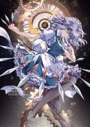 1girl black_dress black_pantyhose blue_eyes dress full_body gears grey_hair highres izayoi_sakuya knife maid maid_headdress nanop38 pantyhose solo touhou
