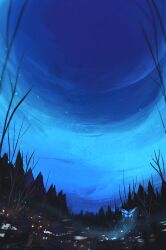 artist_name bare_tree blue_butterfly blue_sky blue_theme bug butterfly commentary english_commentary forest glowing_butterfly insect landscape nature no_humans original outdoors scenery signature sky tree zandra