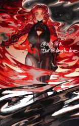 1girl black_bodysuit black_gloves bngb_love bodysuit breasts cleavage_cutout clothing_cutout e.g.o_(project_moon) full_body gebura_(project_moon) gloves grey_background grey_eyes heterochromia highres jacket large_breasts lobotomy_corporation long_hair long_sleeves looking_at_viewer parted_bangs project_moon red_hair red_jacket scar scar_across_eye scar_on_face sidelocks simple_background solo standing very_long_hair yellow_eyes
