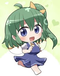 1girl :d ahoge barefoot blue_dress blue_eyes blush breasts chibi chibi_only collared_shirt commentary_request daiyousei dress fairy_wings full_body green_background green_hair hair_ribbon highres long_hair looking_at_viewer neck_ribbon open_mouth pinafore_dress ribbon rokugou_daisuke shirt short_sleeves side_ponytail signature sleeveless sleeveless_dress smile solo touhou two-tone_background walking white_background white_shirt wings yellow_ribbon