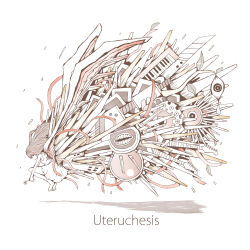 1girl abstract absurdres album_cover artist_request barefoot cable cover disembodied_mouth dress english_text floating_hair from_side full_body gears guitar highres instrument keytar leaf limited_palette long_hair marmalade_butcher_(band) muted_color official_art oversized_wings second-party_source short_dress simple_background soles solo song_name sundress wand white_background wings