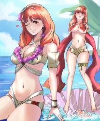 1girl ;) beach bikini bikini_bottom_only breasts celica_(fire_emblem) celica_(summer)_(fire_emblem) clam cleavage cloud cloudy_sky covering_breasts covering_privates criss-cross_halter fire_emblem fire_emblem_echoes:_shadows_of_valentia fire_emblem_heroes flower flower_necklace gluteal_fold hair_flower hair_ornament hair_over_breasts half-closed_eyes halterneck heart highres jewelry large_breasts leg_brace lei long_hair multiple_views necklace nintendo official_alternate_costume one_eye_closed orange_eyes orange_hair palm_tree red_eyes red_hair red_sash sash sitting skindentation sky smile summer swimsuit thighs topless_female tree water yoltablaze