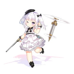 1girl ;) arm_up black_boots black_bow black_hat boots bow cabbie_hat closed_mouth commentary dress female_focus final_fantasy final_fantasy_xiv gun hair_bow handgun hat highres holding index_finger_raised lalafell layered_dress long_hair mini_hat one_eye_closed pleated_dress pointy_ears revolver saru shadow sidelocks silver_hair sleeveless sleeveless_dress smile solo standing standing_on_one_leg symbol-only_commentary twintails twitter_username weapon weapon_request white_background white_dress wrist_cuffs