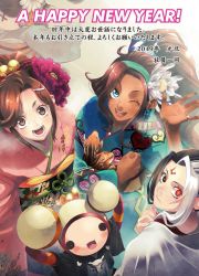Rule 34 | 2019, 3girls, blue eyes, brown eyes, brown hair, fighting ex layer, happy new year, highres, japanese clothes, looking at viewer, multiple girls, new year, official art, one eye closed, open mouth, pullum purna, red eyes, sanane, sanane (fighting ex layer), shirase (fighting ex layer), smile