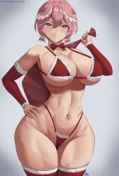 1girl absurdres armanditto bikini blush breasts hair_between_eyes head_wings highres hololive large_breasts looking_at_viewer pink_hair santa_bikini santa_costume short_hair solo swimsuit takane_lui virtual_youtuber wings