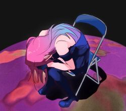 Rule 34 | 1girl, alien stage, bent back, black boots, black dress, blue hair, boots, chair, commentary, depressed, detached sleeves, dress, english commentary, face in hands, folding chair, gradient hair, head down, highres, long hair, meme, mizi (alien stage), multicolored hair, pink hair, shinji in a chair (meme), short sleeves, sleeveless, sleeveless dress, solo, the quipper, two-tone hair