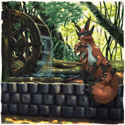 border commentary_request day evolutionary_line gen_8_pokemon highres how_long moss mouth_hold nickit nintendo no_humans outdoors pokemon pokemon_(creature) thievul tree water water_wheel white_border