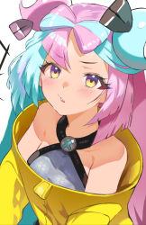 1girl amateru blue_hair blush bow-shaped_hair breasts character_hair_ornament collarbone fake_hair_bun gen_1_pokemon hair_ornament half-closed_eyes halter_shirt halterneck hexagon_print iono_(pokemon) jacket long_hair magnemite medium_breasts multicolored_hair nintendo oversized_clothes pink_hair pokemon pokemon_sv sharp_teeth single_leg_pantyhose solo split-color_hair teeth upper_body very_long_sleeves x yellow_jacket