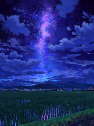 absurdres cloud cloudy_sky commentary_request field grass highres house karasu_(hageabura-jr) milky_way mountainous_horizon night night_sky no_humans original outdoors power_lines rice_paddy rural scenery sky star_(sky) starry_sky town utility_pole