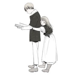 1boy 1girl aged_down black_coat blonde_hair blush book boots brother_and_sister cheek_press child closed_eyes coat dress drooling dungeon_meshi facing_viewer falin_touden falin_touden_(tallman) from_side frs2 full_body fur-trimmed_sleeves fur_trim height_difference highres holding holding_book hug hug_from_behind laios_touden layered_sleeves leaning_on_person long_hair long_sleeves open_book pants profile reading sash shirt shoes short_hair short_over_long_sleeves short_sleeves siblings simple_background sleeping sleeping_upright standing turtleneck white_background white_dress white_pants white_shirt winter_clothes winter_coat
