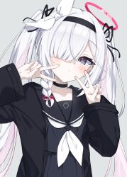 1girl alternate_hairstyle black_choker black_jacket black_ribbon black_sailor_collar black_serafuku black_shirt black_skirt blue_archive blush braid choker closed_mouth colored_inner_hair double_v flat_chest grey_eyes grey_hair hair_ribbon halo highres jacket looking_at_viewer monyosato multicolored_hair neckerchief pink_hair pink_halo plana_(blue_archive) ribbon sailor_collar school_uniform serafuku shirt single_braid skirt solo twintails two-tone_hair v white_neckerchief