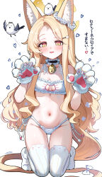 1girl absurdres alternate_costume animal_ear_fluff animal_ear_legwear animal_ears animal_hands bare_shoulders bell bird blonde_hair blue_archive blush bra breasts cat_cutout cat_ear_legwear cat_ear_panties cat_lingerie choker cleavage_cutout clothing_cutout flower forehead fox_ears frilled_bra frilled_choker frills gloves gradient_eyes hair_flower hair_ornament halo highres jingle_bell kneeling loli long_hair looking_at_viewer meme_attire multicolored_eyes navel neck_bell open_mouth panties parted_bangs paw_gloves sak_(lemondisk) seia_(blue_archive) side-tie_panties sidelocks small_breasts smile solo sorry_for_being_sexy_yuni stomach tail thighhighs thighs translation_request underwear white_bra white_gloves white_panties white_thighhighs yellow_eyes