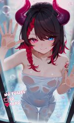 against_glass arm_tattoo black_hair blue_eyes breasts colored_inner_hair commentary commission heterochromia highres horns indie_virtual_youtuber like_and_retweet looking_at_viewer medium_breasts medium_hair multicolored_hair naked_towel pinji8166 red_eyes red_hair red_horns smile tattoo towel twitter_strip_game two-tone_hair virtual_youtuber wet_towel