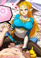 1boy 1girl black_pants blonde_hair blue_eyes blue_panties braid breasts clothed_female_nude_male clothing_aside cowgirl_position crown_braid cum cum_overflow fertilization girl_on_top green_eyes hetero highres impregnation keaton_mask medium_breasts nintendo nude on_bed ovum panties panties_aside pants ponytail princess_zelda reit sex smile straddling the_legend_of_zelda the_legend_of_zelda:_breath_of_the_wild torn_clothes torn_pants uncensored underwear vaginal