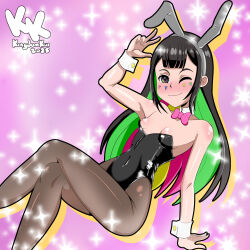 1girl absurdres animal_ears arm_support arm_up artist_logo artist_name bare_shoulders beyblade beyblade_x black_eyes black_hair black_leotard blonde_hair bow bowtie breasts brown_pantyhose closed_mouth collar covered_navel crossed_legs detached_collar embarrassed facial_mark fake_animal_ears feet_out_of_frame female_focus green_hair highleg highleg_leotard highres kingdomkai leotard logo long_hair looking_at_viewer multicolored_hair nanairo_multi nervous nervous_smile nipple_slip nipples one_breast_out one_eye_closed pantyhose petite pink_background pink_bow pink_bowtie pink_hair playboy_bunny rabbit_ears simple_background sitting small_breasts smile solo strapless strapless_leotard w white_collar wrist_cuffs