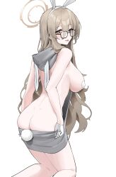 Rule 34 | 1girl, absurdres, akane (blue archive), animal ears, ass, backless outfit, blue archive, breasts, brown eyes, butt crack, covered erect nipples, dimples of venus, glasses, gloves, hair between eyes, halo, heart, heart-shaped pupils, highres, kneeling, large breasts, light brown hair, long hair, looking at viewer, looking back, mark jin, meme attire, ohisashiburi (style), pasties, rabbit ears, rabbit tail, symbol-shaped pupils, tail, tongue, tongue out, virgin killer sweater, white background, white gloves