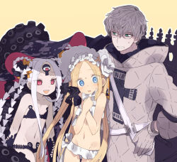 1boy 2girls abigail_williams_(fate) abigail_williams_(swimsuit_foreigner)_(fate) abigail_williams_(swimsuit_foreigner)_(first_ascension)_(fate) abigail_williams_(swimsuit_foreigner)_(third_ascension)_(fate) bikini black_bikini blonde_hair blue_eyes blush coat commentary_request corruption cowboy_shot dark_persona dual_persona eldritch_abomination fate/grand_order fate/grand_order_arcade fate_(series) flat_chest frilled_bikini frills gloves green_eyes grey_coat grey_gloves grey_hair hood hooded_coat jacques_de_molay_(saber)_(fate) long_hair looking_at_another midriff moruka_(karupattyo03) multiple_girls parted_bangs possessed possession red_eyes sharp_teeth short_hair simple_background sweat swimsuit teeth white_bikini white_hair yog-sothoth