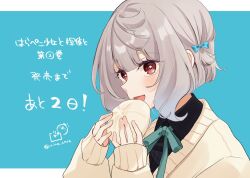 1girl :d black_shirt blue_background blue_bow blush bow brown_sweater character_request collared_shirt commentary_request dress_shirt food green_ribbon grey_hair hair_bow hands_up harapeko_shoujo_to_tantei_to highres holding holding_food long_sleeves neck_ribbon open_mouth puffy_long_sleeves puffy_sleeves red_eyes ribbon rino_cnc shirt short_hair sleeves_past_wrists smile solo steamed_bun sweater translation_request two-tone_background upper_body white_background