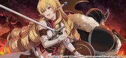 1boy 1girl armor artist_request copyright_notice detached_sleeves drill_hair elf elinalise_dragonroad embers facial_hair fire helmet holding holding_sword holding_weapon long_hair multiple_drills mushoku_tensei mushoku_tensei:_game_ni_nattemo_honki_dasu mustache navel official_art open_mouth orange_hair pointy_ears red_eyes shadow skirt sword talhand weapon white_skirt white_sleeves