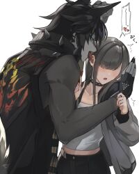 1boy 1girl artist_request black_gloves black_hair black_jacket body_fur commentary_request ear_licking faceless faceless_female fingerless_gloves fingernails furry furry_male furry_with_non-furry gloves green_eyes grey_fur grey_jacket hetero highres interspecies jacket licking long_hair looking_at_another mors_(zenless_zone_zero) second-party_source sharp_fingernails short_hair sleeveless sleeveless_jacket tail tongue tongue_out upper_body wolf_boy zenless_zone_zero