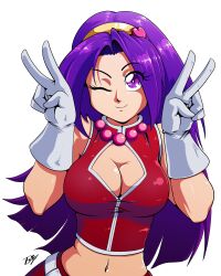 1girl absurdres asamiya_athena breasts cleavage cleavage_cutout clothing_cutout double_v gloves highres large_breasts long_hair looking_at_viewer midriff navel one_eye_closed psycho_soldier purple_eyes purple_hair skirt smile snk solo tedbob84 the_king_of_fighters the_king_of_fighters_2003 v wink