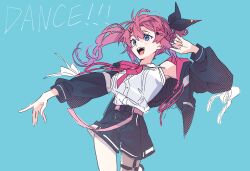 1girl absurdres black_jacket black_shorts blue_background blush cowboy_shot dress_shirt hair_between_eyes hair_ornament hairclip highres jacket kashikaze kuramochi_meruto kuramochi_meruto_(1st_costume) long_hair nijisanji open_clothes open_jacket open_mouth pink_hair shirt shorts side_ponytail simple_background sleeveless sleeveless_shirt solo teeth thigh_strap upper_teeth_only virtual_youtuber white_shirt