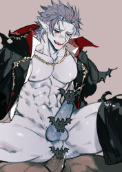2boys abs anal anus ass azaya_(kuroi_azaya) bat_(animal) bat_wings blush cape censored chain clothing_aside cum cum_in_ass cumdrip dark-skinned_male dark_skin ejaculating_while_penetrated ejaculation erection gray_skin happy_sex jewelry large_pectorals large_penis legs_apart male_ass male_focus male_penetrated multiple_boys muscular muscular_arms muscular_legs muscular_male muscular_uke necklace nipples orgasm pants_around_one_leg pectorals penis perineal_bulge perineum reverse_cowgirl_position sequential sex shiny_skin smile spiked_hair spread_legs straddling sweat testicles thighs toned toned_male toned_stomach vampire veins veiny_penis well_used_anus white_hair wings yaoi