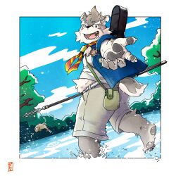 1boy absurdres animal_ears barefoot belly blue_shirt blue_sky brown_shorts claws cloud cloudy_sky commentary_request dog_boy dog_ears dog_nose dog_tail facial_scar fangs fish furry furry_male highres holding holding_polearm holding_weapon looking_at_viewer male_focus moritaka_(housamo) notched_ear open_clothes open_mouth open_shirt outstretched_hand pawpads plump polearm river scar scar_across_eyebrow scar_on_cheek scar_on_face shirt shorts signature sky smile tail takichizento tokyo_houkago_summoners tree trident weapon white_shirt