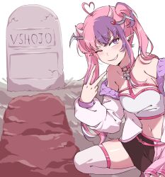 1girl ahoge asymmetrical_legwear asymmetrical_skirt bare_shoulders breasts choker commentary crop_top cyanillust demon_girl demon_horns english_commentary grant_gustin_next_to_oliver_queen&#039;s_grave_(meme) grave grin hair_ornament head_wings heart heart_ahoge heart_hair_ornament highres horns indie_virtual_youtuber ironmouse long_hair looking_at_viewer meme multicolored_hair o-ring o-ring_choker one_eye_closed outdoors pink_choker pink_hair pointy_ears purple_eyes purple_hair shirt smile solo squatting streaked_hair thighhighs tombstone twintails v virtual_youtuber white_shirt white_thighhighs wings