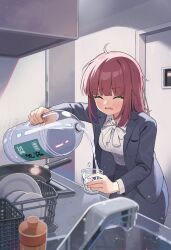 1girl blush bottle bow breasts brown_hair closed_eyes collared_shirt commentary_request cup door dress_shirt drinking_glass faucet frying_pan grey_jacket grey_skirt highres holding holding_bottle holding_cup indoors jacket long_hair medium_breasts nirareba open_clothes open_jacket open_mouth original plate pouring shirt sink skirt solo water water_bottle wavy_mouth white_bow white_shirt