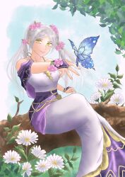 1girl arm_at_side bare_arms bare_shoulders blue_sky bracelet branch breasts butterfly butterfly_on_hand capelet cleavage collarbone crease crossed_legs day dress eyelashes female_focus female_robin_(fire_emblem) female_robin_(valentine)_(fire_emblem) fingerless_gloves fingernails fire_emblem fire_emblem_awakening fire_emblem_heroes flower flower_bracelet full_body gloves hair_flower hair_ornament halterneck happy highres in_tree intelligent_systems long_dress long_hair looking_at_viewer medium_breasts mermaid_dress moverabbit0305 nature neck nintendo off_shoulder official_alternate_costume outdoors outstretched_arm rope_belt scan sidelocks sitting sitting_in_tree sky sleeveless sleeveless_dress smile spaghetti_strap swept_bangs tree twintails white_hair yellow_eyes