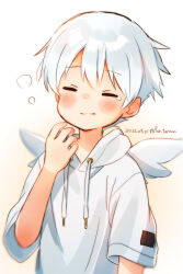 1boy arms_up blush child closed_eyes closed_mouth commentary dated dot_nose drawstring far_tarooo hair_between_eyes highres hood hood_down hoodie kuro_(far_tarooo) male_focus original parted_bangs short_hair sleepy solo squeans symbol-only_commentary tearing_up twitter_username upper_body white_background white_hair white_hoodie white_wings wings