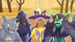 absurdres commentary corviknight deviantart_username english_commentary fangs forest gen_1_pokemon gen_8_pokemon grimmsnarl harlequinwaffles highres looking_at_viewer marvel me_and_the_boys_(meme) meme nature nintendo no_humans open_mouth outdoors pokemon pokemon_(creature) pokemon_focus rhydon signature spider-man_(series) standing tongue tongue_out toxtricity toxtricity_(amped) trait_connection tree upper_body watermark web_address