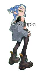 1boy black_boots black_pants blue_hair boots commentary_request crop_top ear_piercing grey_jacket hand_on_own_hip highres jacket jacket_partially_removed long_hair looking_at_viewer looking_back male_focus nintendo octoling octoling_boy octoling_player_character pants piercing sakanako sample_watermark simple_background solo splatoon_(series) splatoon_3 standing tentacle_hair watermark white_background yellow_eyes